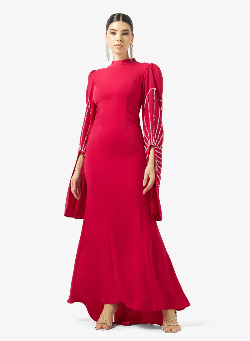 Akadia Fashion BEADED WIDE SLEEVES CREPE DRESS
